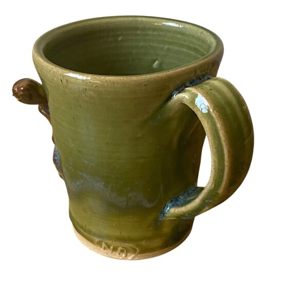 Handmade Artist Signed Green Ceramic 3D Turtle Mug Handle 4" Pottery Art - Picture 3 of 6